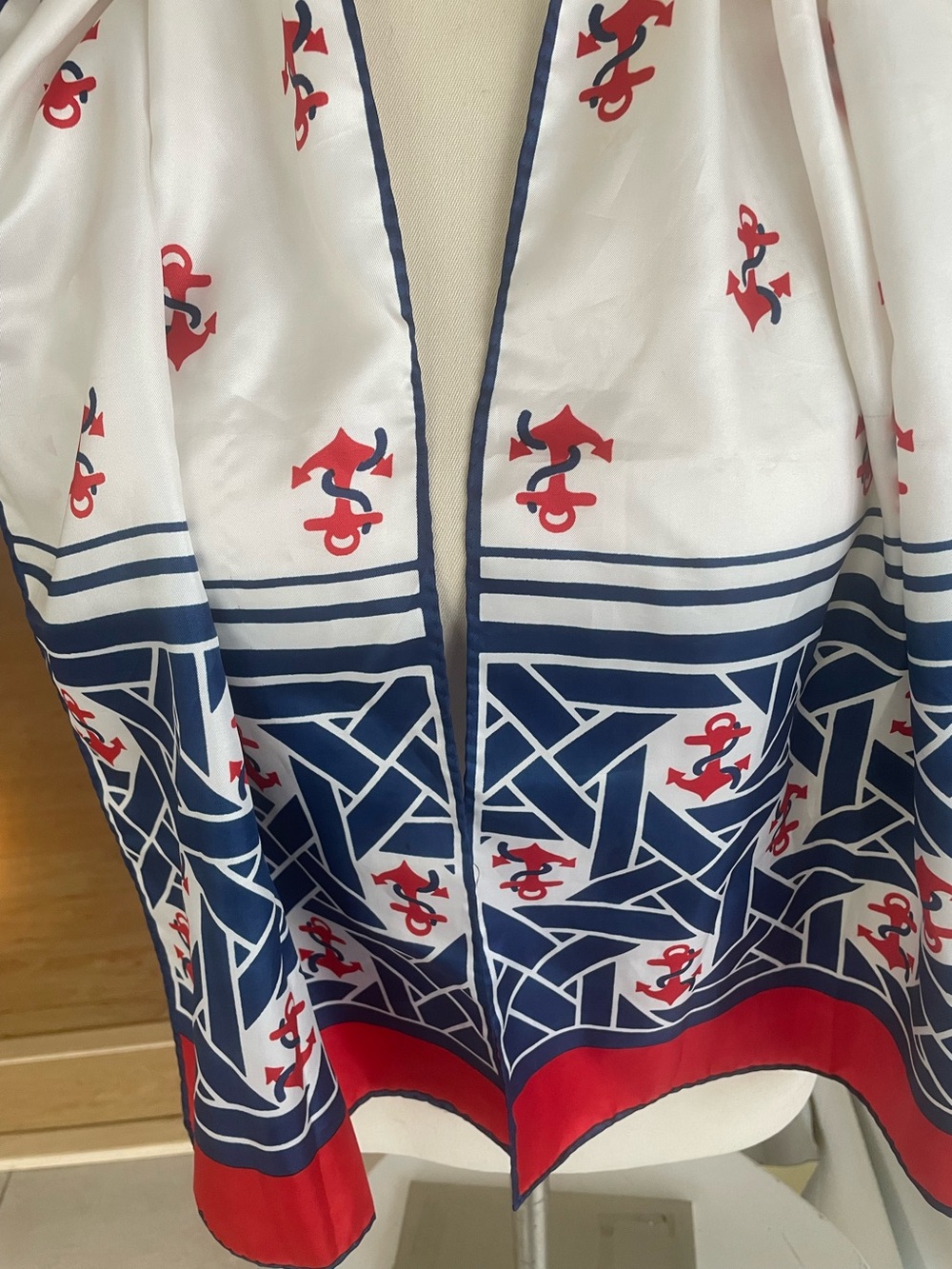 Nautical Theme Scarf Red White Blue with Anchor Design 13X 52 Vintage 1980’s